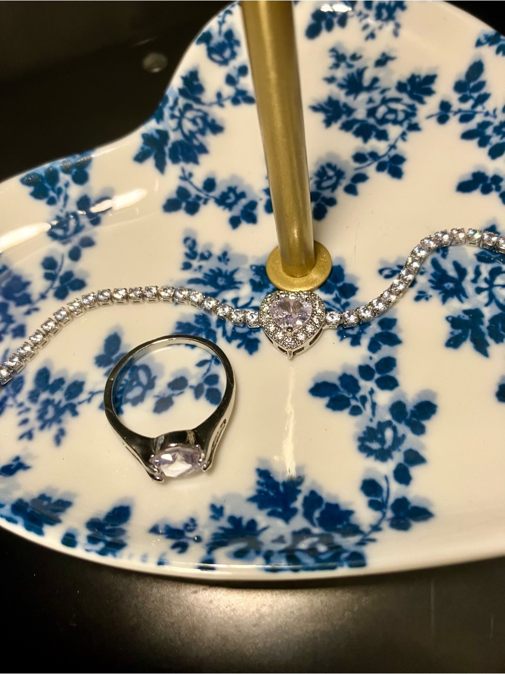 Silver Heart Pendant Bracelet and Solitaire Ring Set with Clear Stones